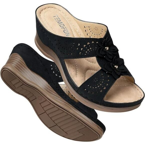 TEMOFON Womens Wedge Sandals Leather Slip On Dressy Summer Walking Shoes - Picture 1 of 7